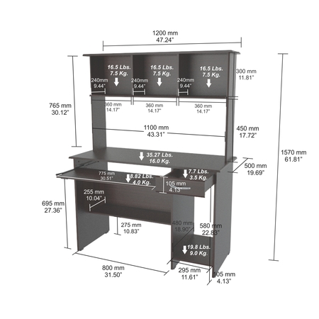 Inval Computer WorkCentre w/Hutch 47.24 in. W Espresso Rectangular 1 -Drawer with Keyboard Tray CC-2501S